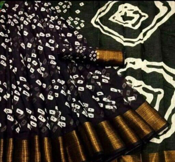 Radhe Shyam Creations Black Colour Bhandani Print Cotton Blend Zari Women Saree With Running Blouse.